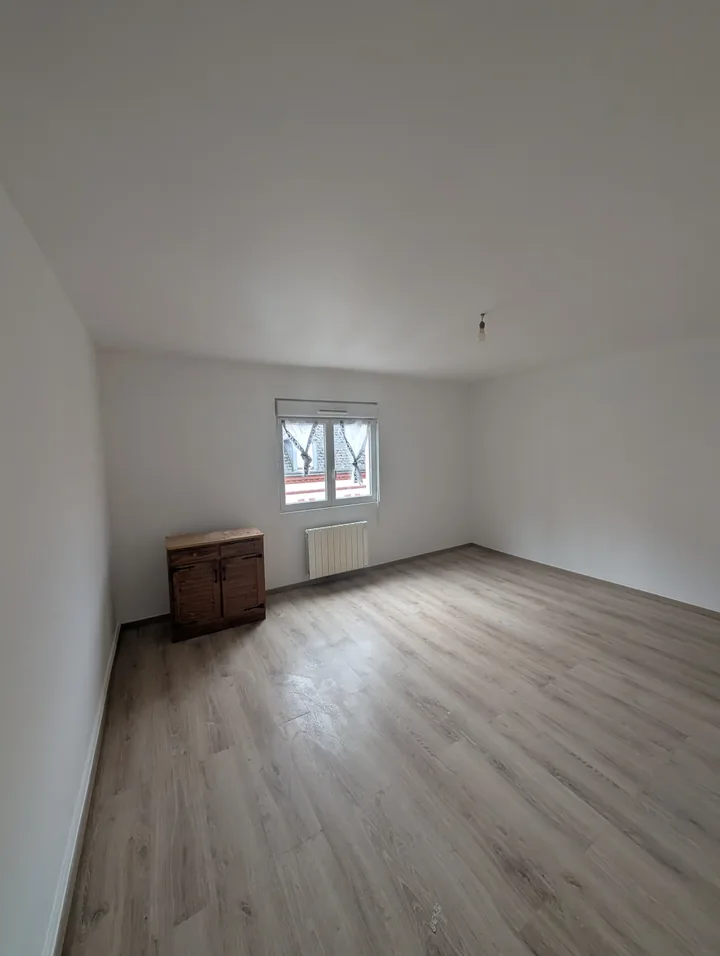 Pièce entièrement rénovée : murs et plafond peints en blanc, parquet stratifié posé